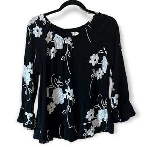 Forgotten Grace Floral Blouse Black & White Embroidered Size Medium